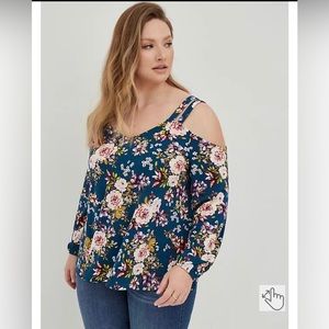 Strappy Long Sleeve Cold Shoulder Floral Peasant Top size 4 boho 26/28 flowy